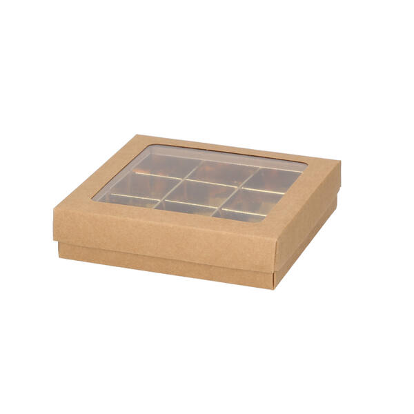 Bonbondozen 9-vaks kraft bodem en deksel met venster met goud interieur 105x105x30 mm