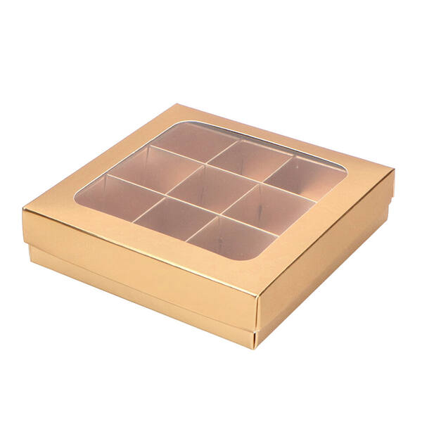 Bonbondozen 9-vaks glanzend goud bodem en deksel met venster 105x105x30 mm