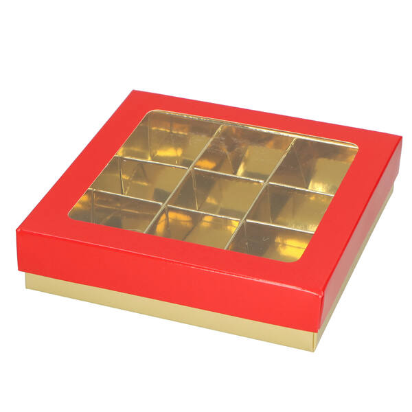 Bonbondozen 9-vaks goud bodem en deksel met venster glans rood 105x105x30 mm