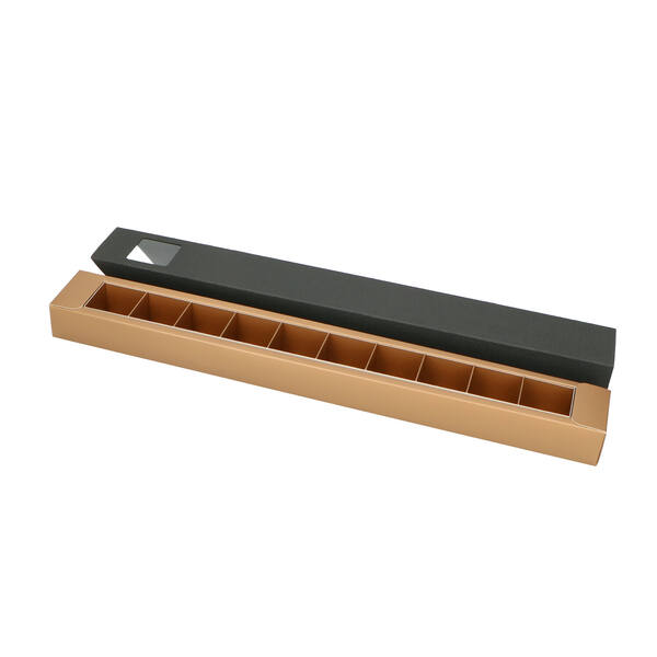 Bonbondozen 10-vaks sleeve met venster 'sisal structure' zwart bodem mat goud 400x51x32 mm