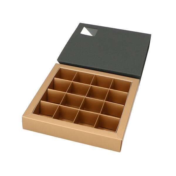 Bonbondozen 16-vaks sleeve met venster 'sisal structure' zwart bodem mat goud 173x172x32 mm