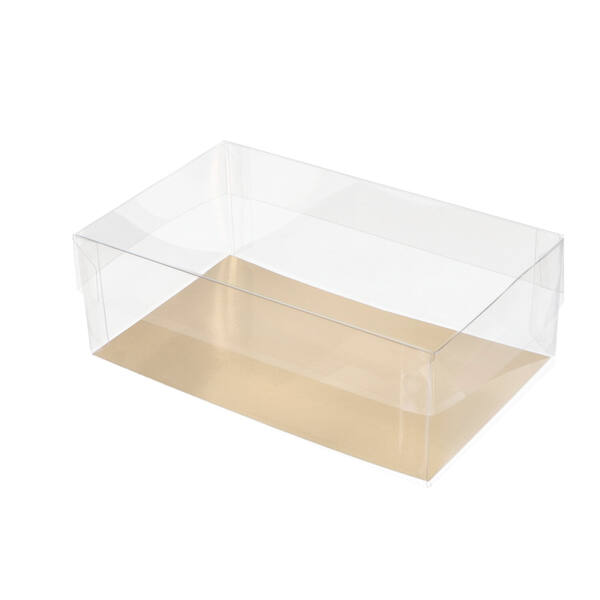 Blisters R-PET bodem met deksel transparant met goudkarton 340 gram/m2 150x90x55/25 mm