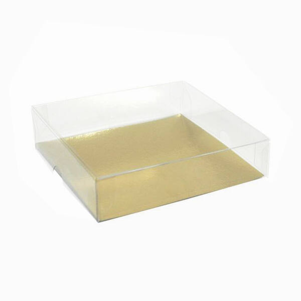Blisters RPET bodem met deksel transparant met goudkarton 120x120x30 mm
