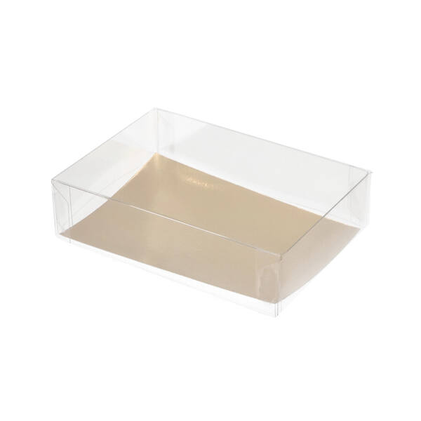 Blisters bodem en deksel RPET met goudkarton bodem transparant 130x90x36/36 mm