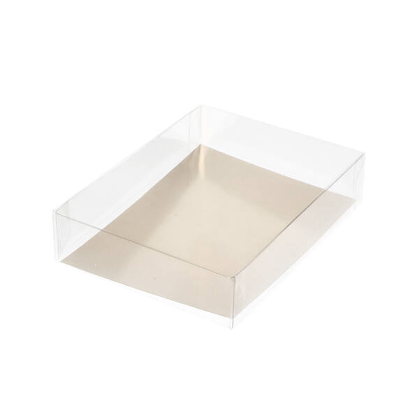 Blisters R-PET bodem met deksel transparant met goudkarton bodem 200 mµ 135x100x30x30 mm