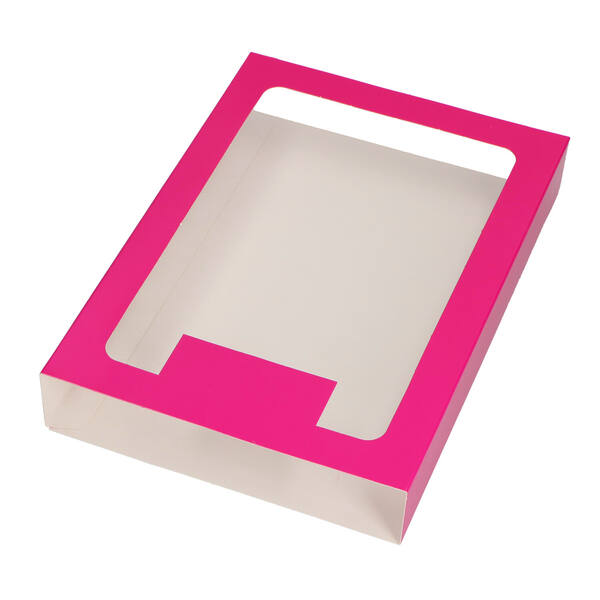 Chocoladeletterdozen GK1 sleeve met venster en lip fuchsia 154x113x32 mm