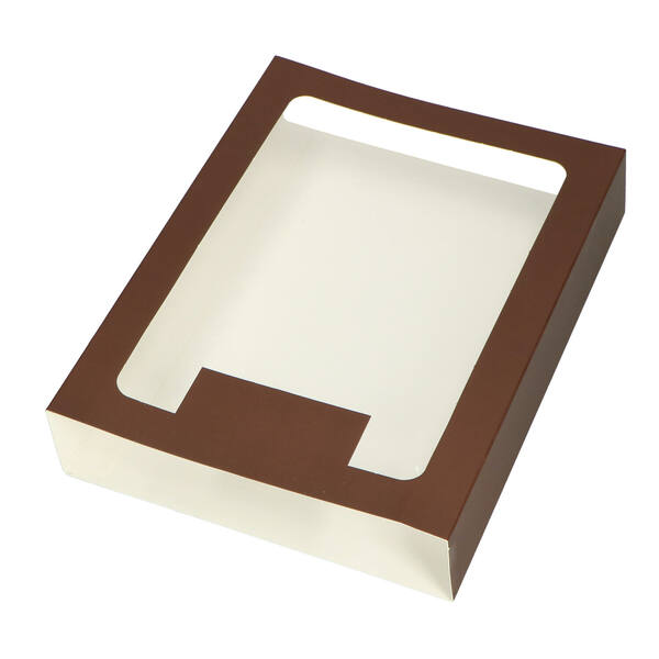 Chocoladeletterdozen GK1 sleeve met venster en lip mat bruin 154x113x32 mm