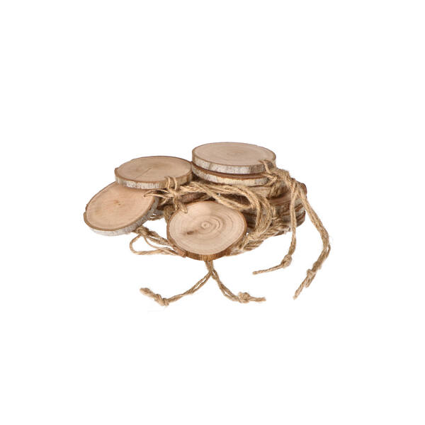 Houten schijfje aan touwtje naturel ø 30-40 mm per 12 stuks