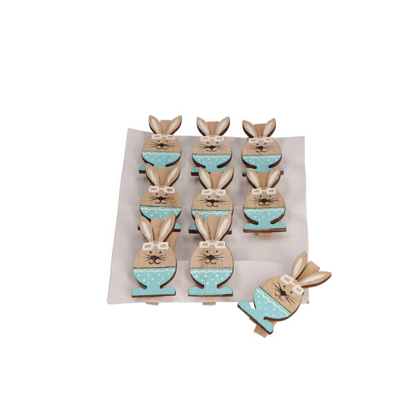 Decoratie knijper haasje met bril blauw 25x45 mm per 9 stuks