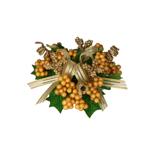 Kaarsenring kerst okergele besjes met strikjes (24671)