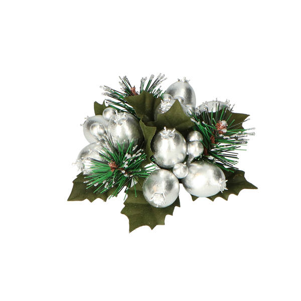 Kaarsenring kerst bessen zilver met dennentakje (24486)