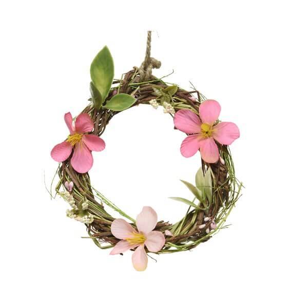 Krans met twijg kunstbloemen roze 150x40 mm (830307)
